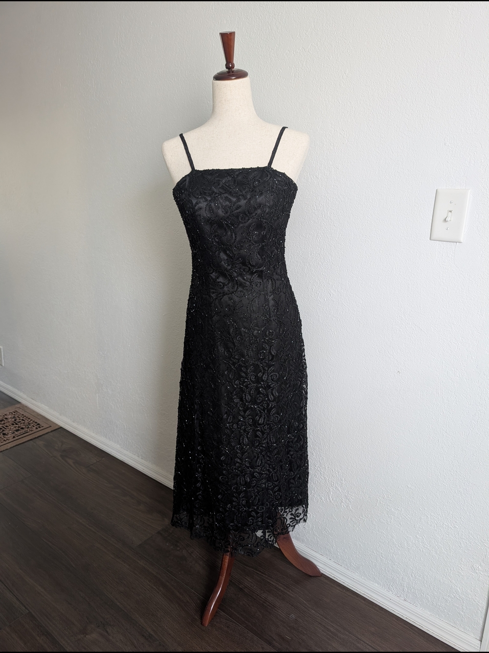 Marina Bresler Vintage Y2K Black Beaded Spaghetti-Strap Formal Dress